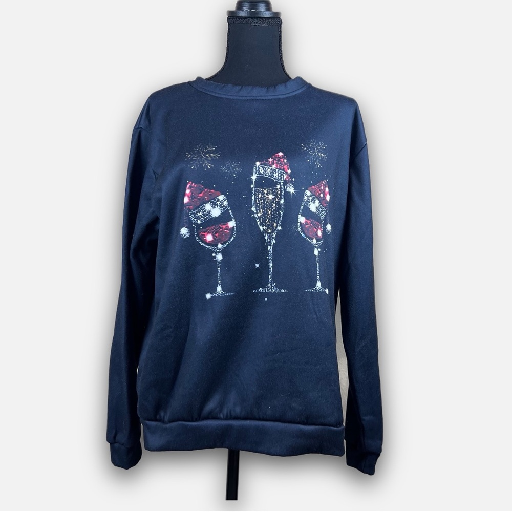 Christmas Cheers Black Holiday Sweatshirt – Festive Wine Graphic – Size Large - Picture 2 of 5